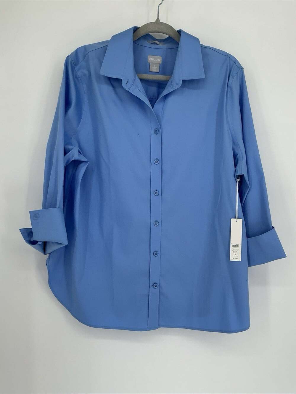 Chico's Women Blue 3 Button-up Collar 3/4 Sleeve Top XL
